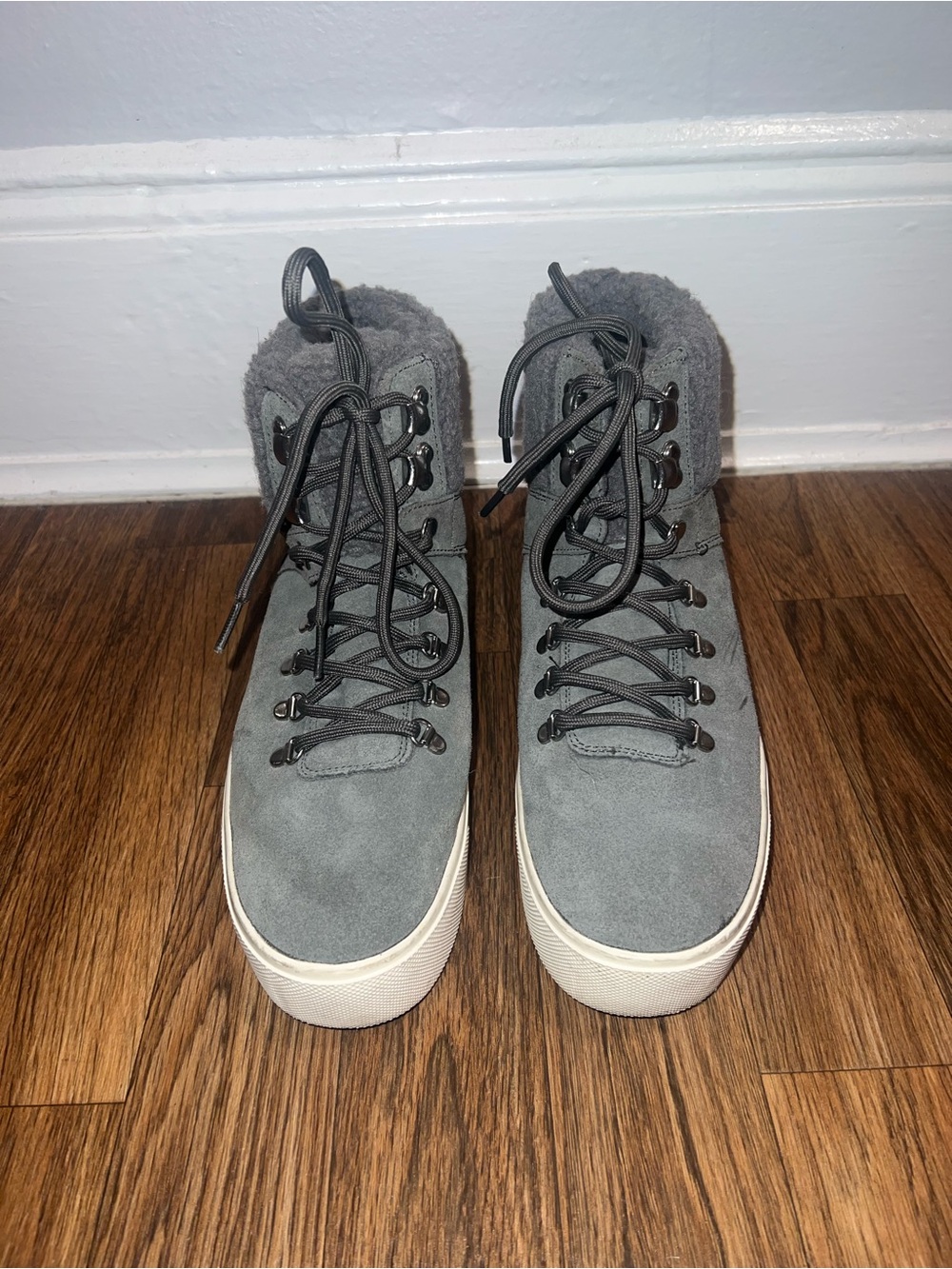 Marc Fisher Gray Suede High-Top Sneakers with Faux Fur Trim